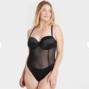 Auden Women’s Black Satin and Mesh Bodysuit Lightly Lined Lingerie Size L